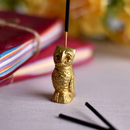 Golden Brass Standing Owl Agarbatti Holder Stand